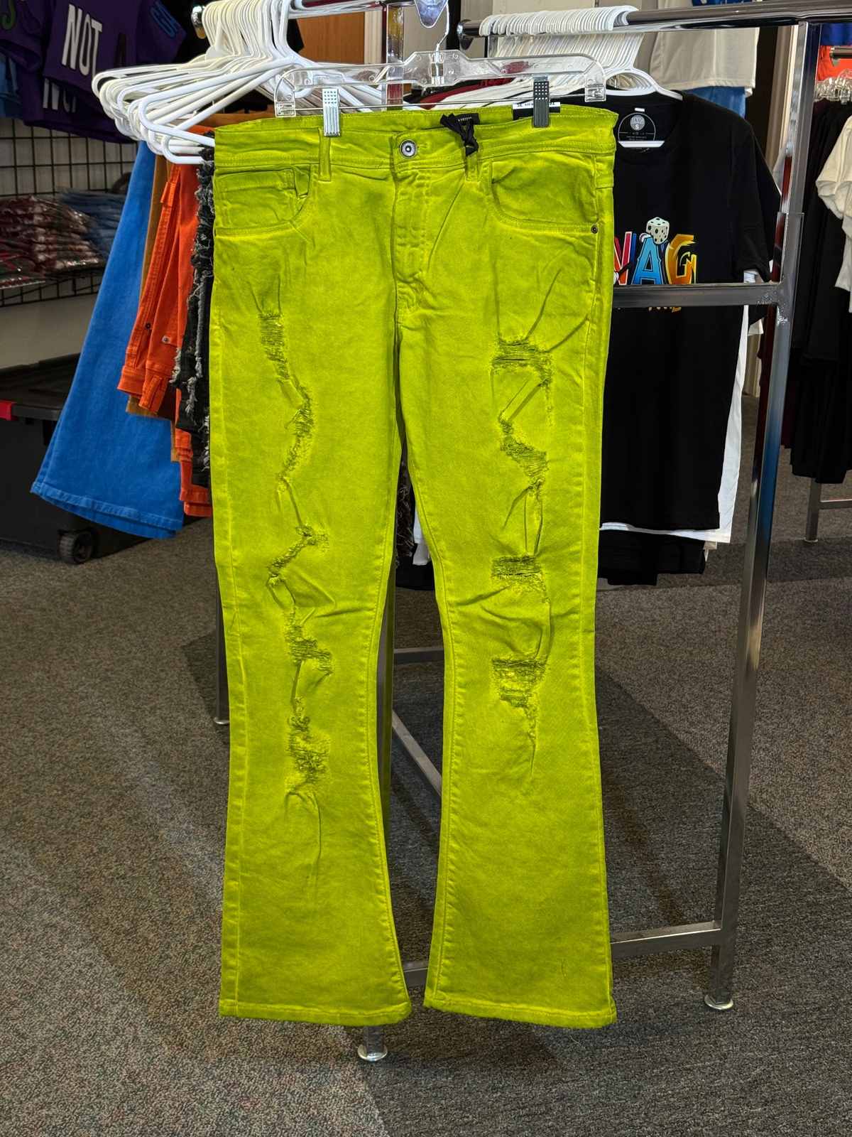 Lime Green Stacked Skinny Jeans – Men's Distressed Flare - INAG™